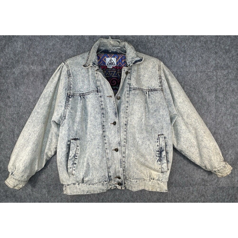 Vintage 80s 90s O1S Denim Jacket Aztec Button Up Stone Wash Lined Size M